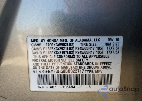 2011 Honda Pilot Exl from USA, damaged, VIN 5FNYF3H50BB022717